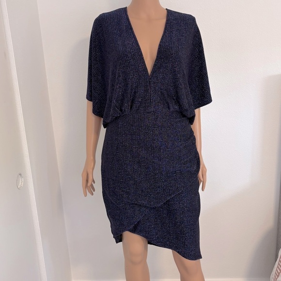 Harlyn Blue V-Neck Asymmetrical Metallic Dolman Sleeve Cocktail Dress size large - Picture 2 of 11